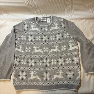Alfred Dunner Womens M Christmas Sweater Gray Reindeer SnowflakeFair Isle Nordic